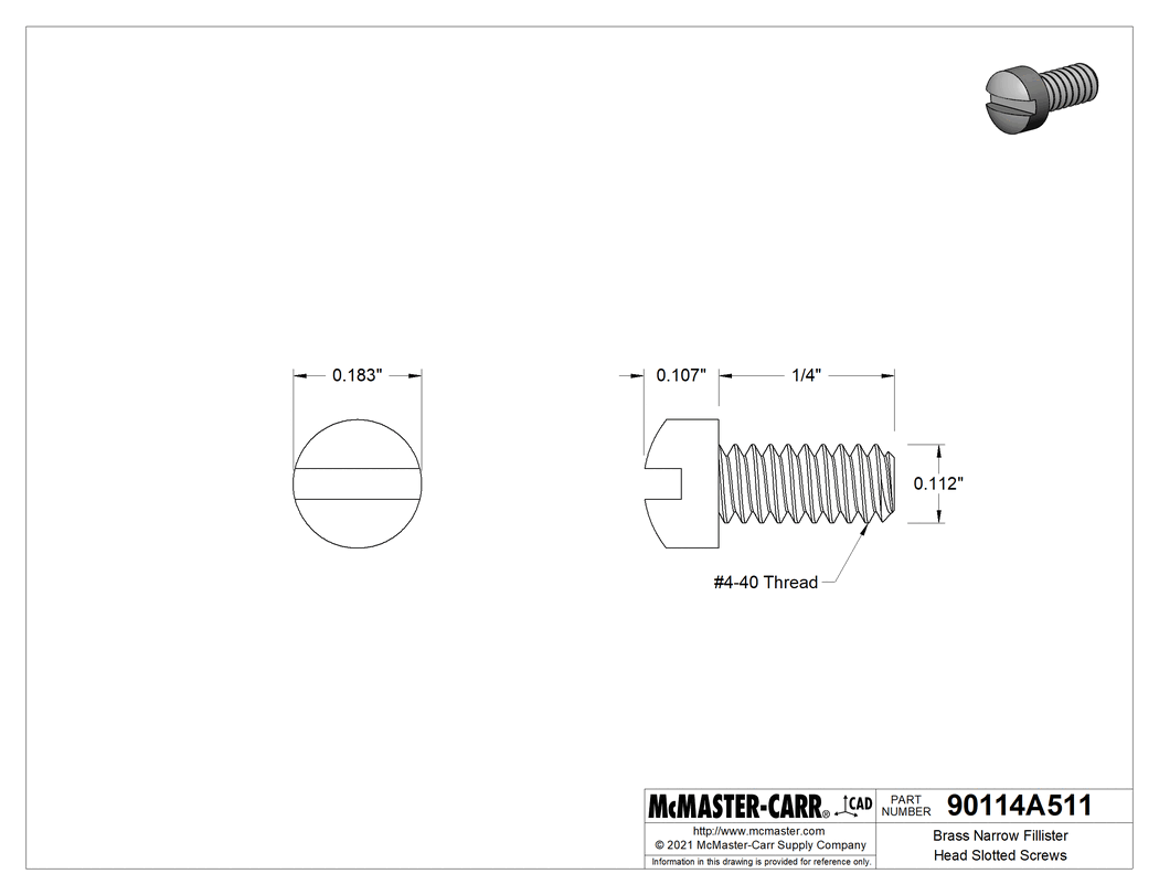 Technical Drawing of Brass Fillister Head Slotted Screws, 4-40 Thread Size, 1/4" Long.